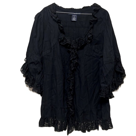 Denim 24/7 Tops - Women’s DENIM 24/7, 100% Cotton, Lace Neckline Top, Charcoal Black, 26W